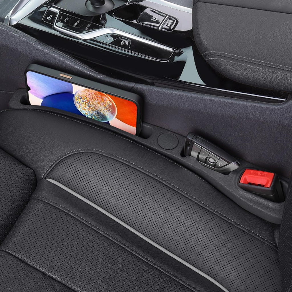 Car Seat Gap Filler, 2 Pack PU Leather Fill the Gap between Seat and Center Console, Seat Crevice Blocker Stop Things from Dropping, Universal Vehicle Interior Accessories Black
