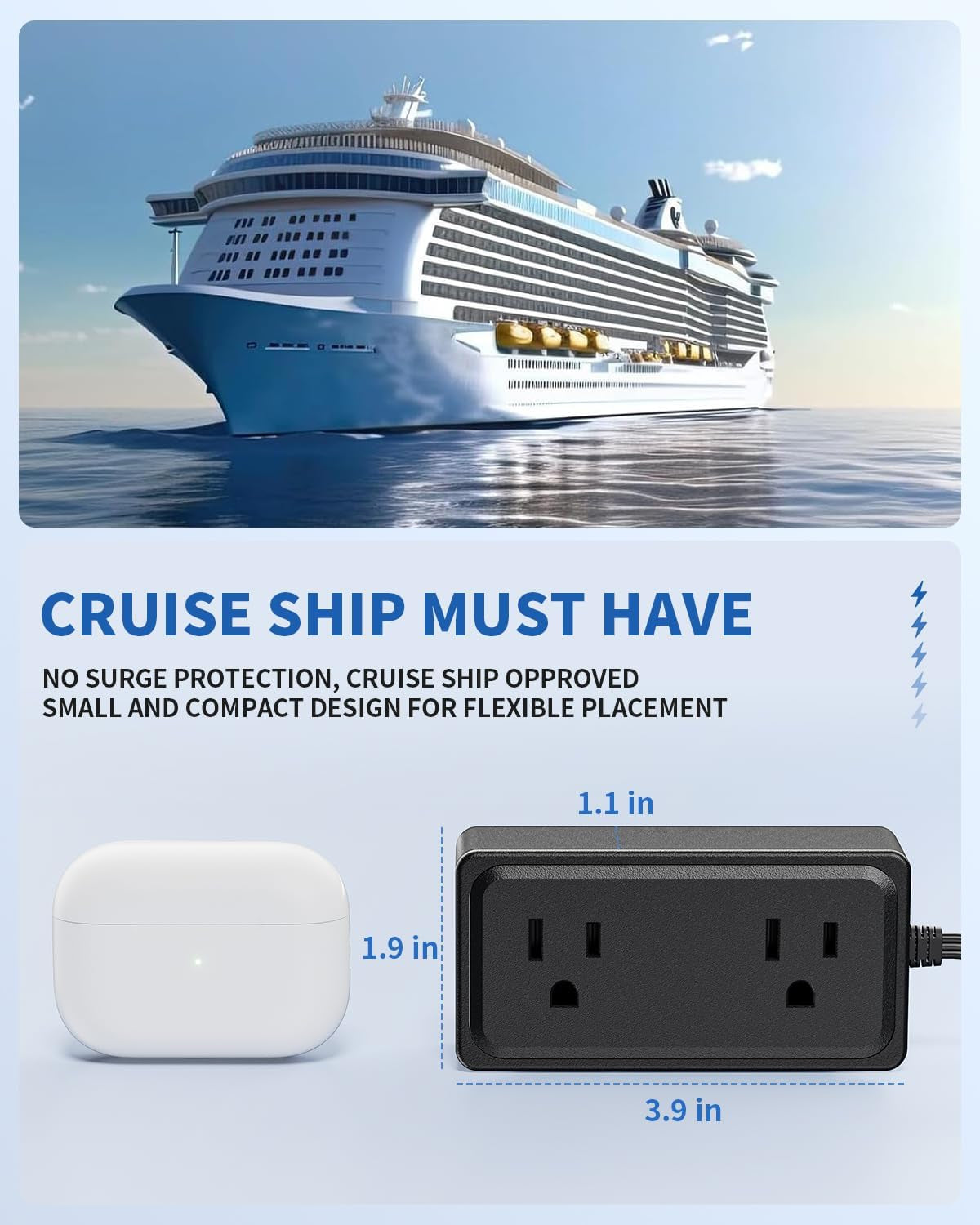 Flat Plug Power Bar with USB C, 4FT Ultra-Thin Extension Cord, 2 Outlet with 3 USB Ports (2 USB C), No Surge Protection for Cruise Ship, Travel Essentials, Dorm Room (Black, 2 Outlets)