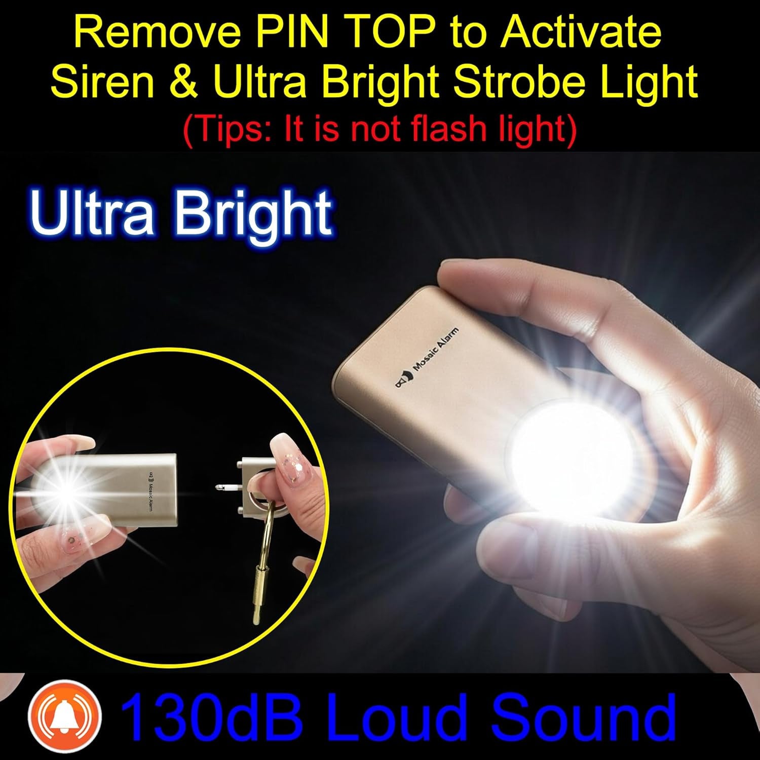 130Db Personal Safety Alarm Ultra Bright Strobe Light. Loud Sound Keychain Siren for Women, Children, Night Runners, Hiking. Bear Alarm Deterrent. SOS Emergency Self Defense Alerts. Black