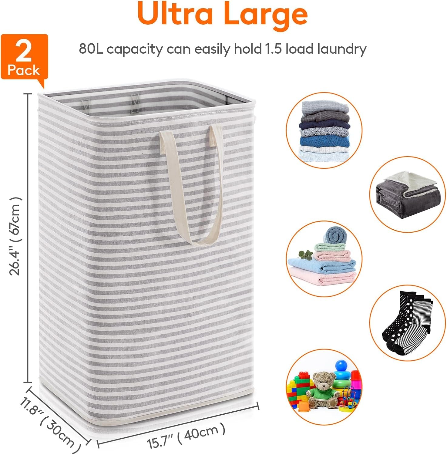 2-Pack 80L Freestanding Laundry Hamper, Large Collapsible Laundry Baskets with Easy Carry Extended Handles, Waterproof Clothes Hamper in Bedroom, Bathroom, Laundry Room, College Dorm, Grey