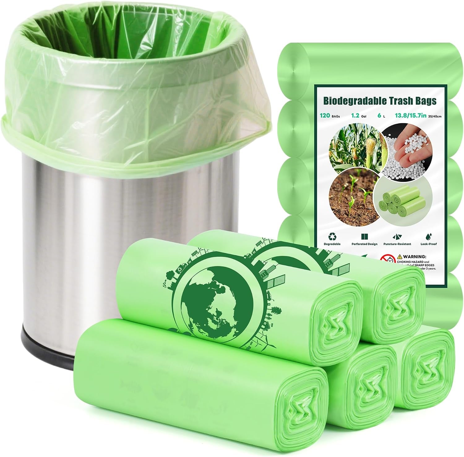 Compost Bags 1.2 Gallon - Compostable Garbage Bags 6 Litres 120 Counts, Mini Green Trash Can Bin Liners Clear Waste Basket Liner Unscented Trash Sack for Kitchen Bathroom Travel Office Toilet Dorm