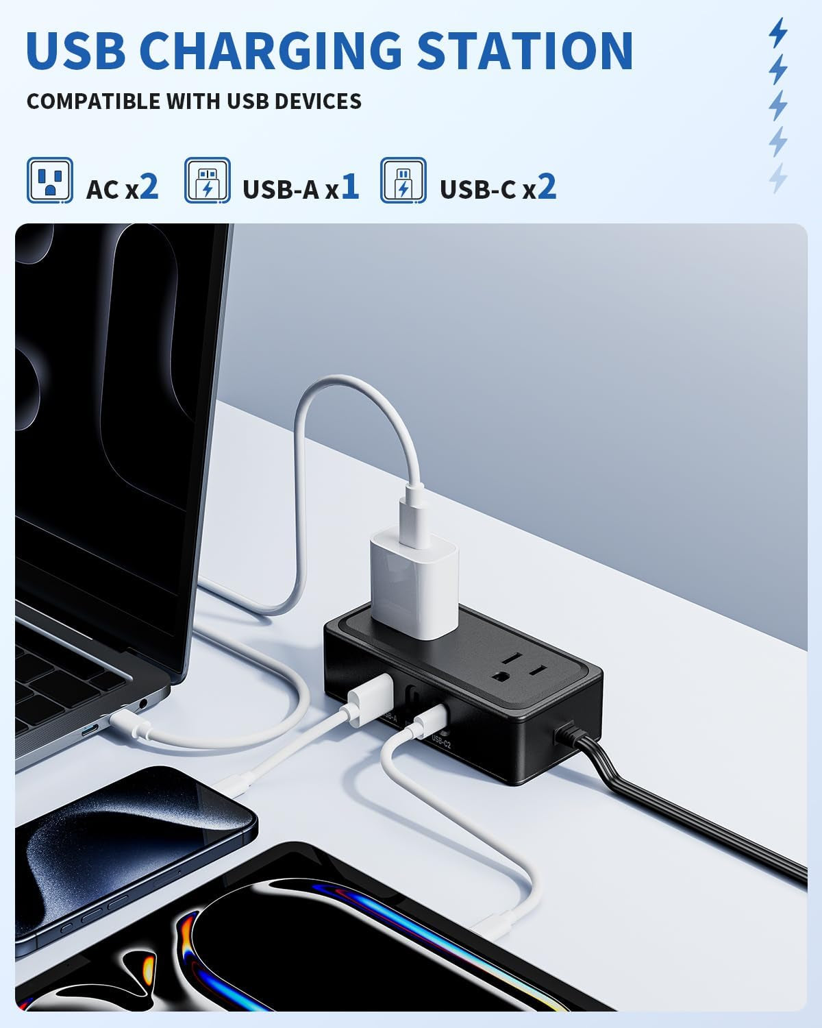 Flat Plug Power Bar with USB C, 4FT Ultra-Thin Extension Cord, 2 Outlet with 3 USB Ports (2 USB C), No Surge Protection for Cruise Ship, Travel Essentials, Dorm Room (Black, 2 Outlets)