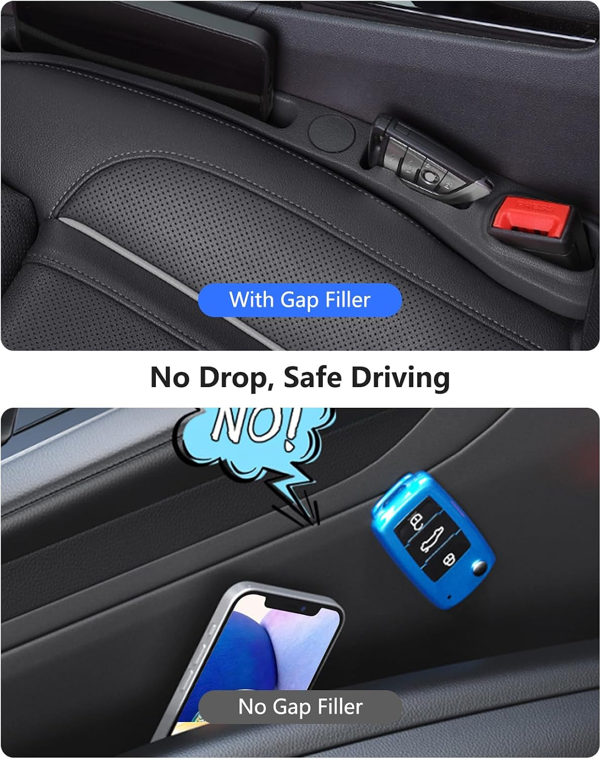 Car Seat Gap Filler, 2 Pack PU Leather Fill the Gap between Seat and Center Console, Seat Crevice Blocker Stop Things from Dropping, Universal Vehicle Interior Accessories Black