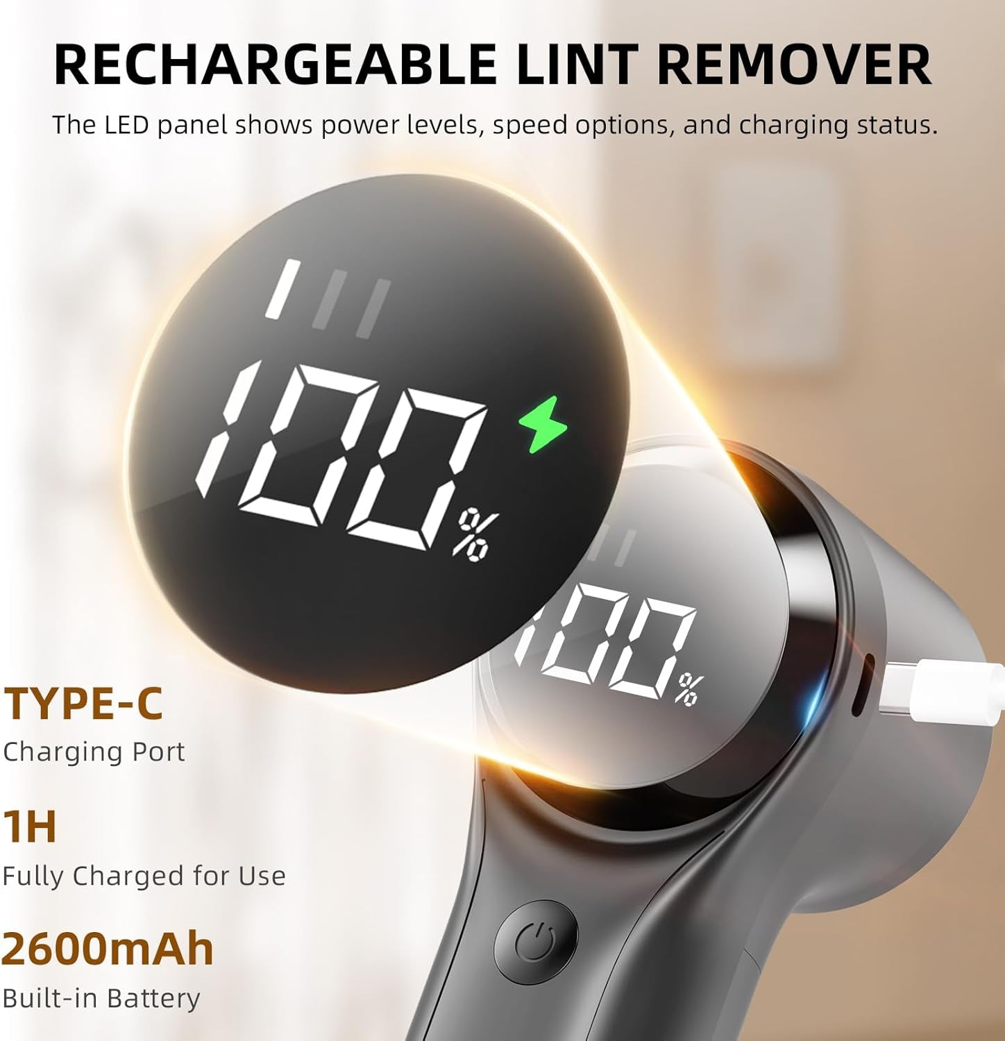 Fabric Shaver Lint Remover, Electric Lint Shaver USB Rechargeable, Sweater Defuzzer to Remove Pilling, 3-Speed with LED Display, Battery Operated, 6-Blade for Clothes Upholstery Furniture