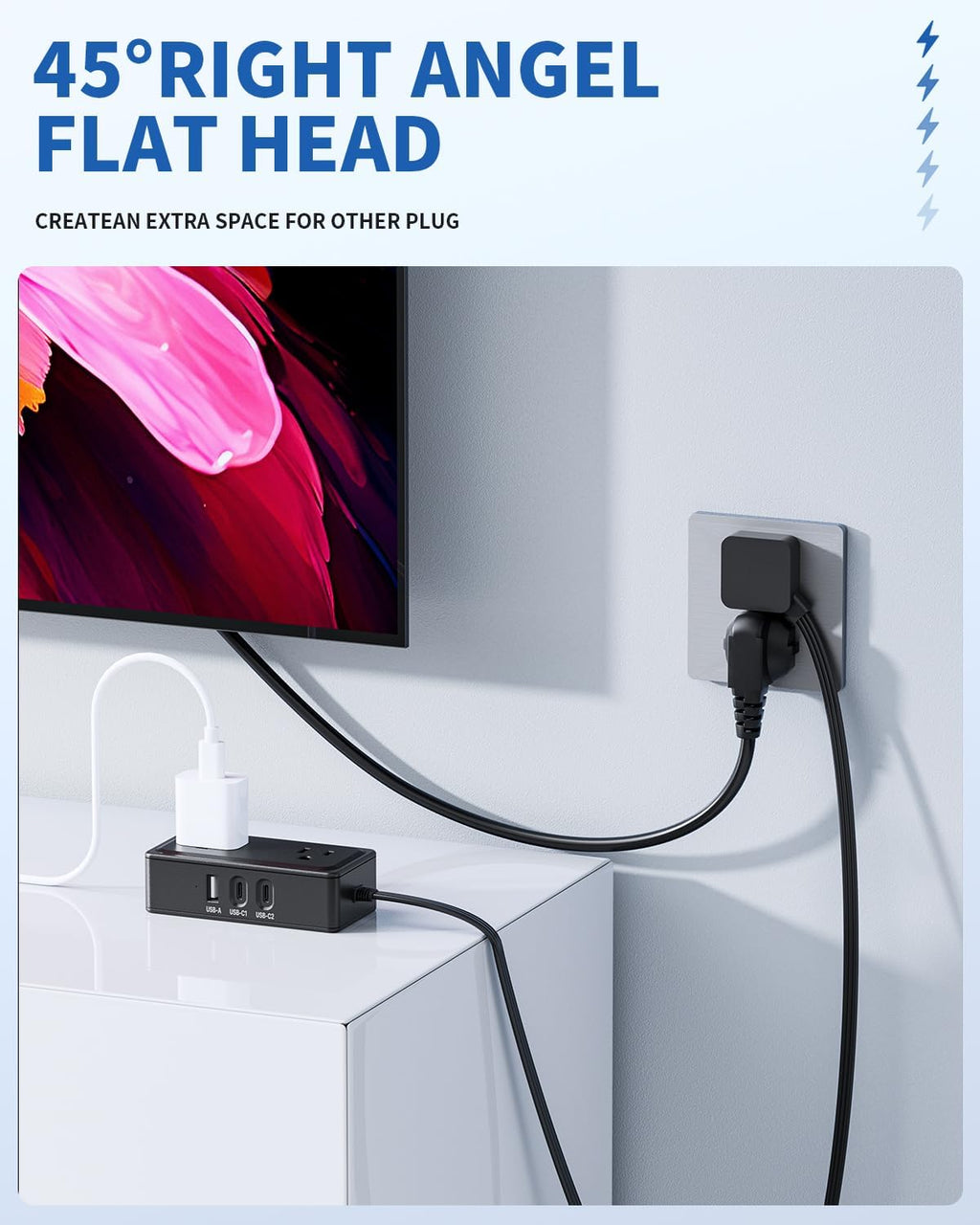 Flat Plug Power Bar with USB C, 4FT Ultra-Thin Extension Cord, 2 Outlet with 3 USB Ports (2 USB C), No Surge Protection for Cruise Ship, Travel Essentials, Dorm Room (Black, 2 Outlets)